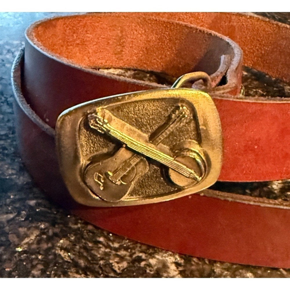 Vtg 1983 Bluegrass Brass Belt Buckle Banjo Guitar 44" Leather Belt Large XL